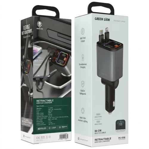 Green Lion Retractable 65W Car Charger PD 45W - Grey
