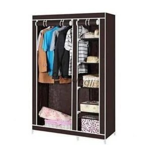 2 Column Cloth Portable Wardrobe with Wood Frame – Coffee Brown