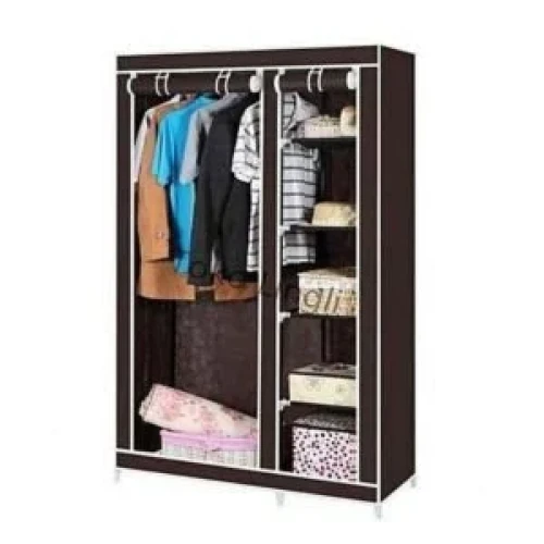 2 Column Cloth Portable Wardrobe with Wood Frame – Coffee Brown