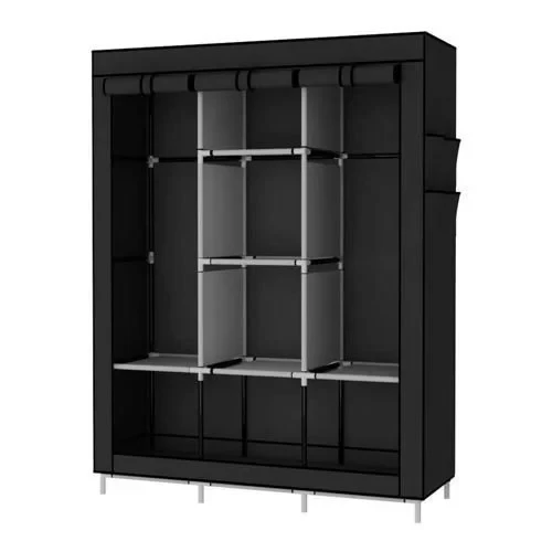 3 Column Cloth & Wooden Frame Wardrobe – Black