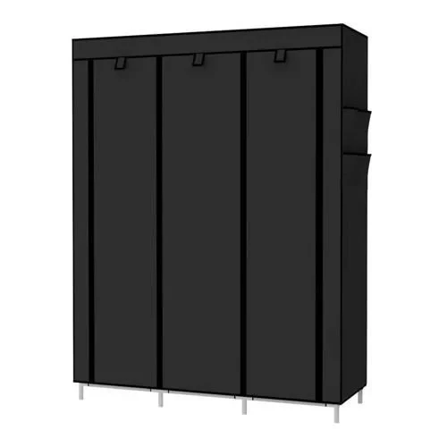 3 Column Cloth & Wooden Frame Wardrobe – Black