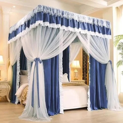 David Curtain Mosquito Net With 4 Steel Stands & Unique Lace Design &Luxurious Packaging Double-layer Bed Net S4 Blue