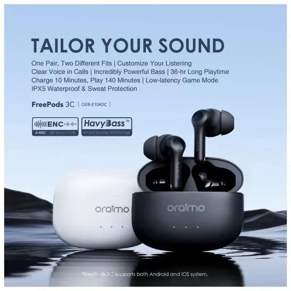 Oraimo FreePods 3C ENC Playtime True Wireless Earbuds- Black- warranty 365 days