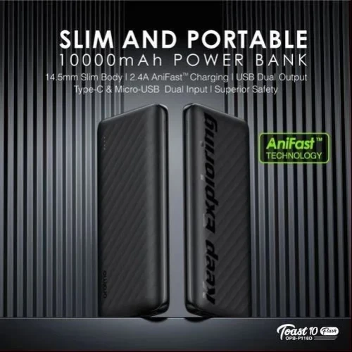 Oraimo Toast 10 Flash 10000mAh 2.4A Max Fast Charging Portable Power Bank OPB-P118D – Black