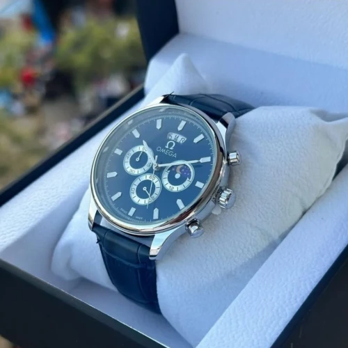 Omega  Executive Blue Leather Watch Free Gift Box