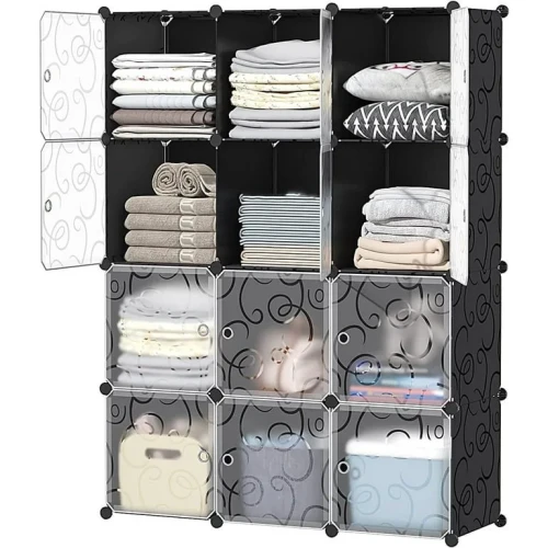 Ktaxon 12-Cube DIY 3 column Portable Closet, Plastic Bookshlef Wardrobe Cabinet Storage Organizer w/Doors, Black