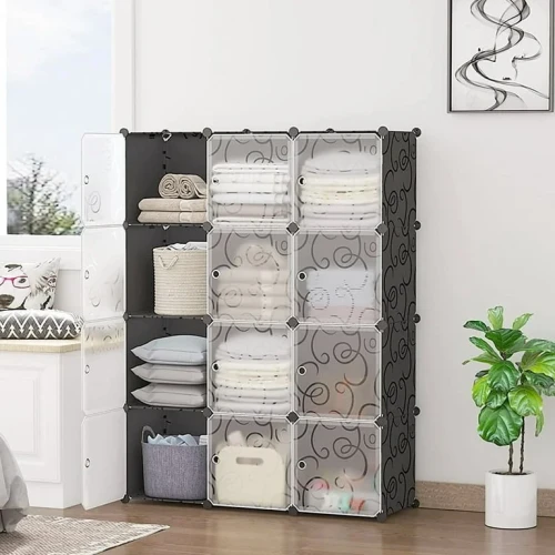 Ktaxon 12-Cube DIY 3 column Portable Closet, Plastic Bookshlef Wardrobe Cabinet Storage Organizer w/Doors, Black
