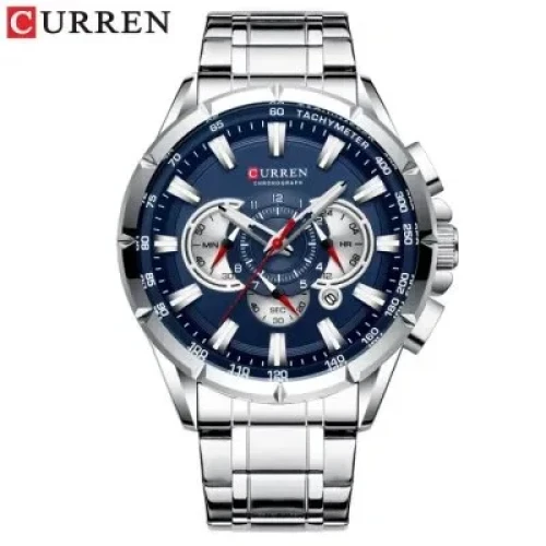 CURREN 8363 Fashion Men Watches With Stainless Steel Top Brand Luxury Sports Quartz Men Watch (SIlver Blue)