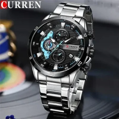CURREN 8402 Fashion Waterproof Chronograph Stainless Steel Watch for Men – Silver & Black