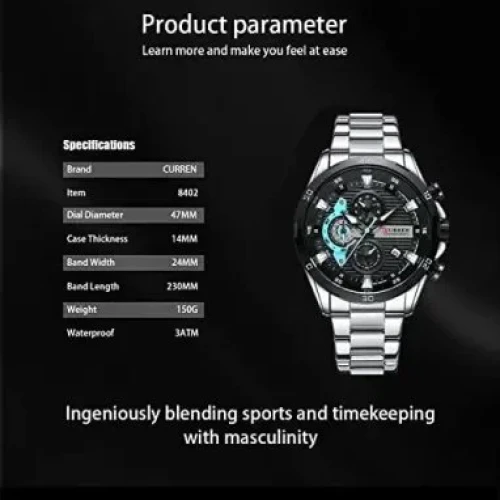 CURREN 8402 Fashion Waterproof Chronograph Stainless Steel Watch for Men – Silver & Black