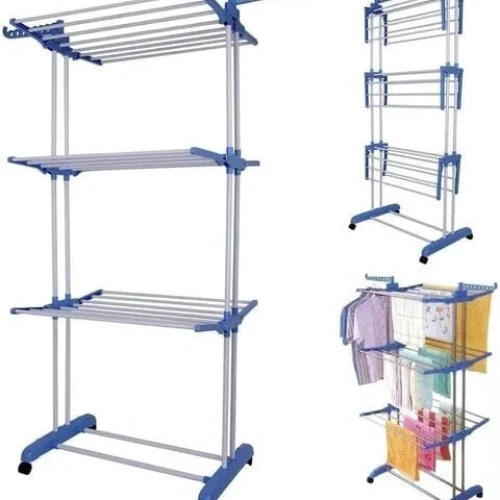 Folding 3 Tier Clothes Drying Rack Rolling Collapsible Garment Laundry Dryer Hanger Stand Rail With Two Side Wings Indoor Blue