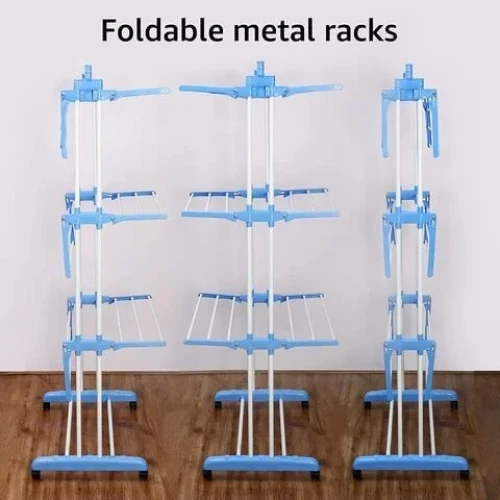Folding 3 Tier Clothes Drying Rack Rolling Collapsible Garment Laundry Dryer Hanger Stand Rail With Two Side Wings Indoor Blue