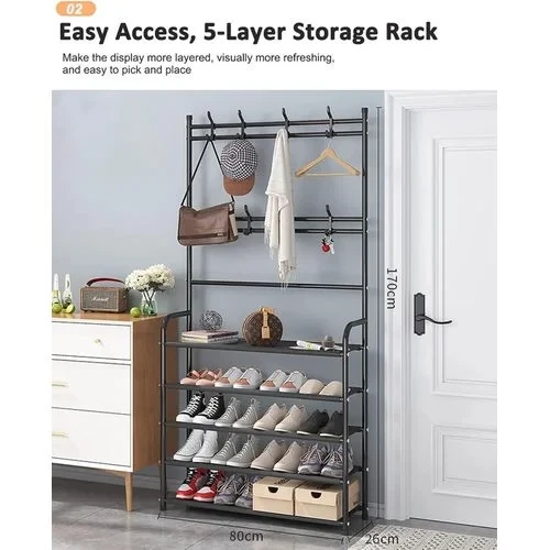 5-Tier Shoe Shelf And 8 Adjustable Metal Hooks Coat Rack,Shoe Rack Organizer Multifunctional Coat Rack Shoe Shelf,Apartment ,Bedroom