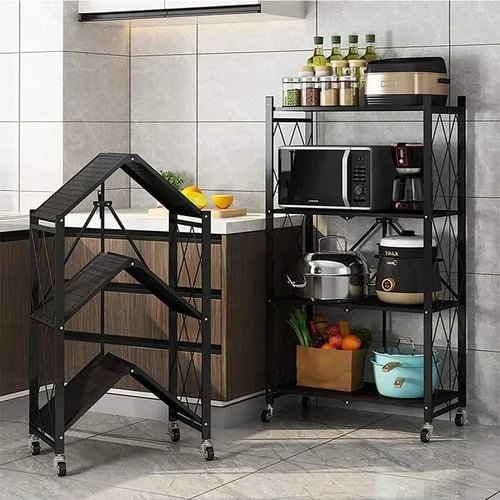 4 Tier Foldable No Assembly Kitchen Storage Shelves with Wheels