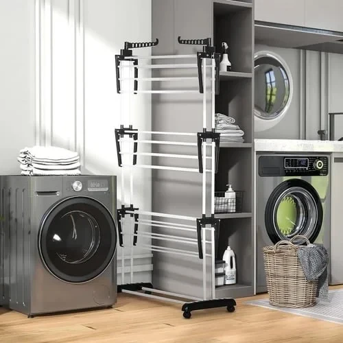 3-Layer Foldable Clothes Dryer With 4 Wheels & Iron Tubes