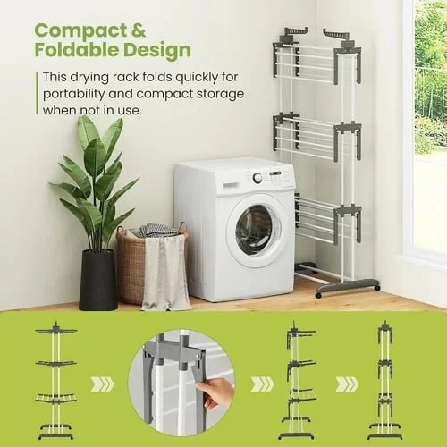 3-Layer Foldable Clothes Dryer With 4 Wheels & Iron Tubes