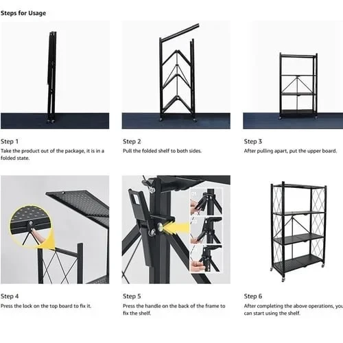 4 Tier Foldable No Assembly Kitchen Storage Shelves with Wheels