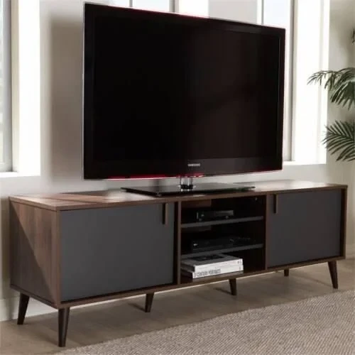 Dark WallNut Modern Wooden TV StandsProduct Details  Description  Bring some style to your home with our modern TV stands. We use high quality particleboard, PVC edge banding protection, and environmentally safe materials on all of our products.  Features