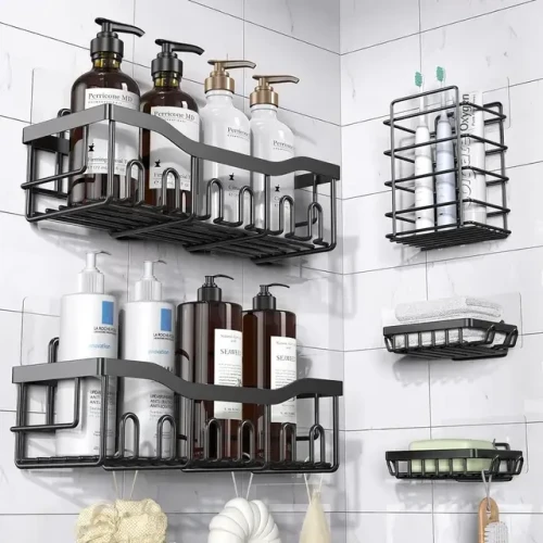 5 Sets Cosmetics Lotion Bathroom Storage Rack for Kitchen Organizer No-Punch Wall -mounted Oil Salt Vinegar Multifunction Organizer Soap Dish Toiletries Shelf Practical Shower Caddy Set -Black