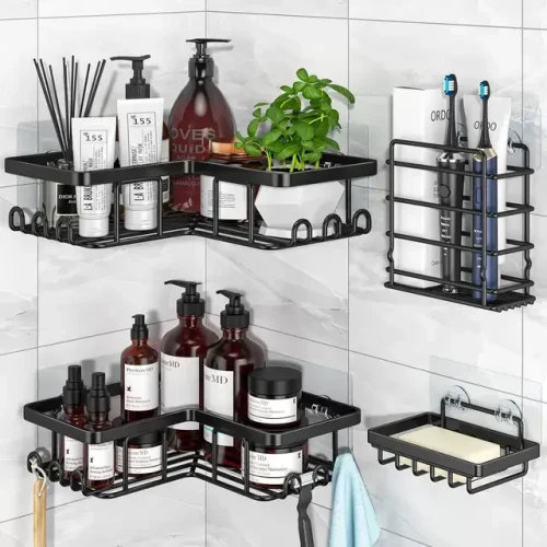 5 Sets Cosmetics Lotion Bathroom Storage Rack for Kitchen Organizer No-Punch Wall -mounted Oil Salt Vinegar Multifunction Organizer Soap Dish Toiletries Shelf Practical Shower Caddy Set -Black