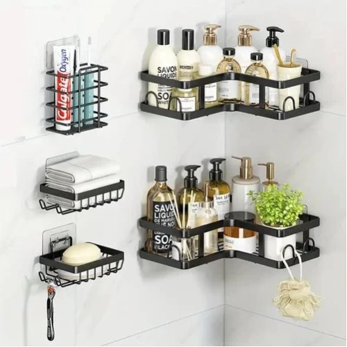 5 Sets Cosmetics Lotion Bathroom Storage Rack for Kitchen Organizer No-Punch Wall -mounted Oil Salt Vinegar Multifunction Organizer Soap Dish Toiletries Shelf Practical Shower Caddy Set -Black