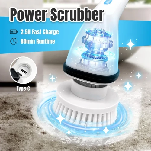 Electric Spin Scrubber, Cordless Cleaning Brush,Shower Cleaning Brush with 6 Replaceable Brush Heads, Power Scrubber, Adjustable&Detachable Long Handle for Bathroom, Floor