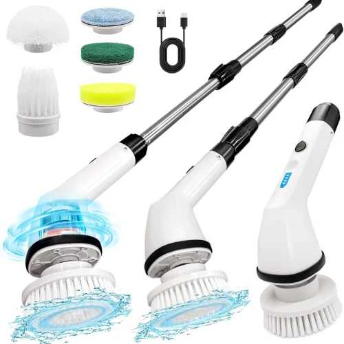 Electric Spin Scrubber, Cordless Cleaning Brush,Shower Cleaning Brush with 6 Replaceable Brush Heads, Power Scrubber, Adjustable&Detachable Long Handle for Bathroom, Floor