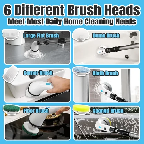 Electric Spin Scrubber, Cordless Cleaning Brush,Shower Cleaning Brush with 6 Replaceable Brush Heads, Power Scrubber, Adjustable&Detachable Long Handle for Bathroom, Floor