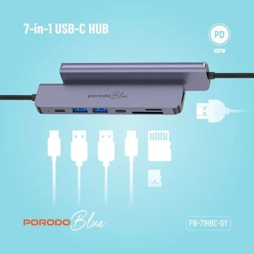 Porodo Blue 7 In 1 Hub HDMI 2XUSB Black