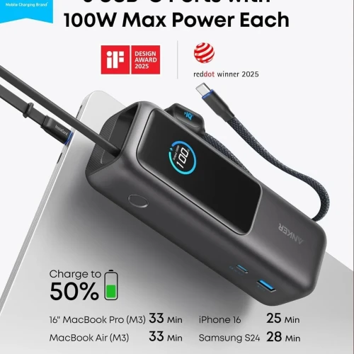 Anker Zolo Power Bank, 25,000mAh, 165W Ultra-Fast Portable Charger for Dual Laptops