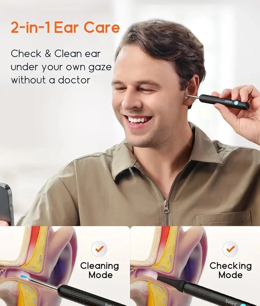 BEBIRD Ear Wax Removal Tool R1 Upgraded Version with 1080HD Camara, Waterproof, Anti-Fall Off Eartip, Wireless Otoscop with Light and Camera, Android/iOS Support.