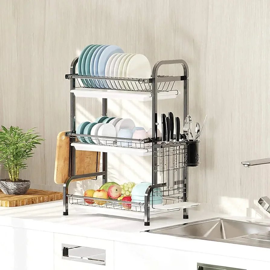Dish Drainer Rack Dish Drying Rack 3-Tier Drip Tray, Spice Rack Stainless Steel Drain Storage Rack Kitchen Organizer Shelf with Drain Board, Utensils Holder