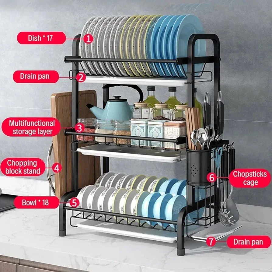 Dish Drainer Rack Dish Drying Rack 3-Tier Drip Tray, Spice Rack Stainless Steel Drain Storage Rack Kitchen Organizer Shelf with Drain Board, Utensils Holder