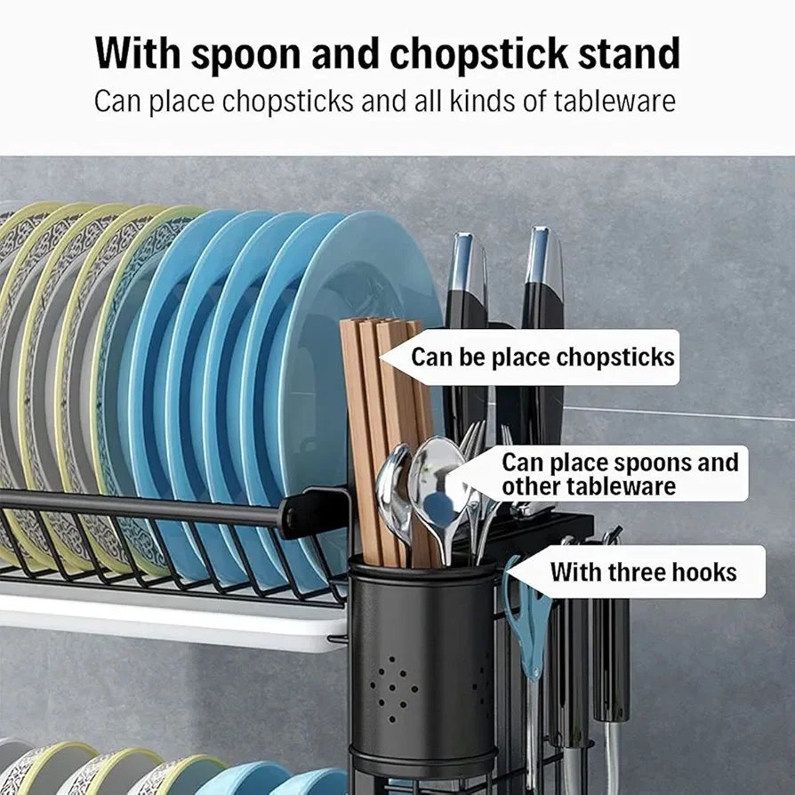 Dish Drainer Rack Dish Drying Rack 3-Tier Drip Tray, Spice Rack Stainless Steel Drain Storage Rack Kitchen Organizer Shelf with Drain Board, Utensils Holder