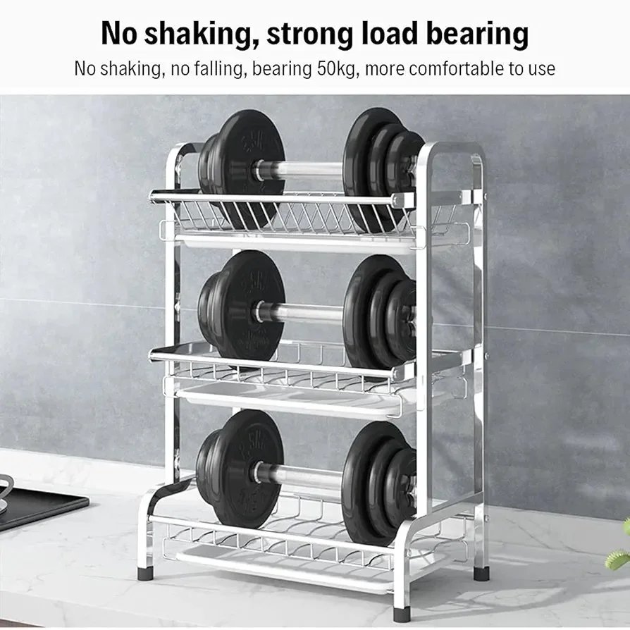 Dish Drainer Rack Dish Drying Rack 3-Tier Drip Tray, Spice Rack Stainless Steel Drain Storage Rack Kitchen Organizer Shelf with Drain Board, Utensils Holder