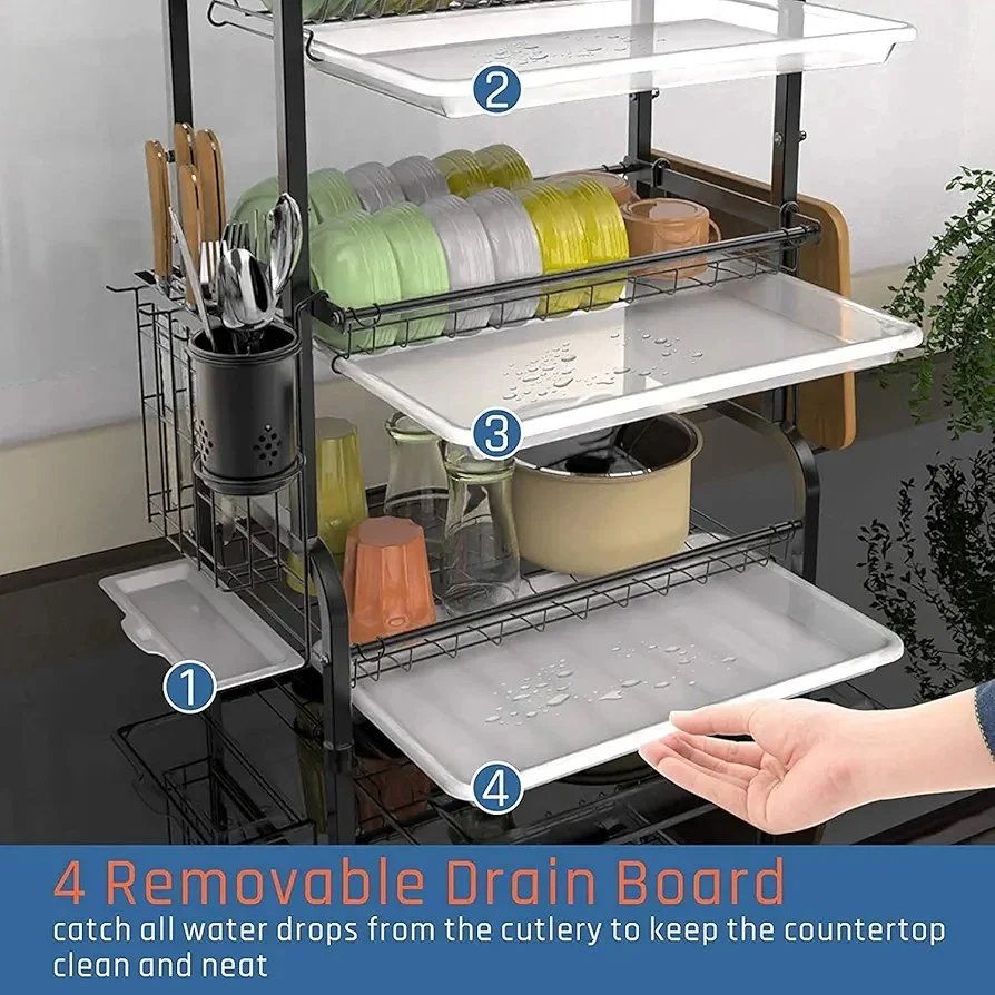 Dish Drainer Rack Dish Drying Rack 3-Tier Drip Tray, Spice Rack Stainless Steel Drain Storage Rack Kitchen Organizer Shelf with Drain Board, Utensils Holder