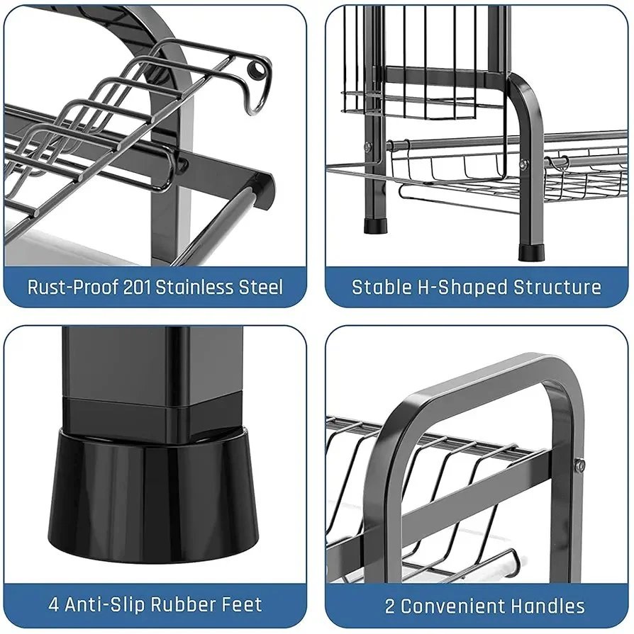 Dish Drainer Rack Dish Drying Rack 3-Tier Drip Tray, Spice Rack Stainless Steel Drain Storage Rack Kitchen Organizer Shelf with Drain Board, Utensils Holder