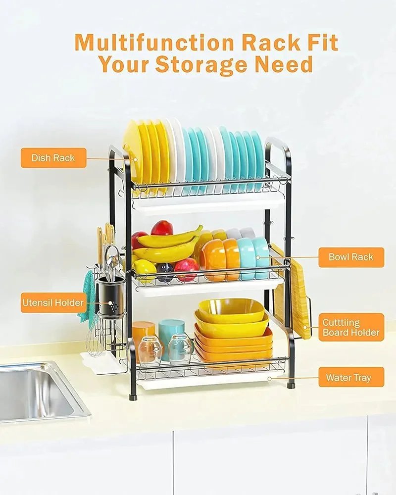 Dish Drainer Rack Dish Drying Rack 3-Tier Drip Tray, Spice Rack Stainless Steel Drain Storage Rack Kitchen Organizer Shelf with Drain Board, Utensils Holder