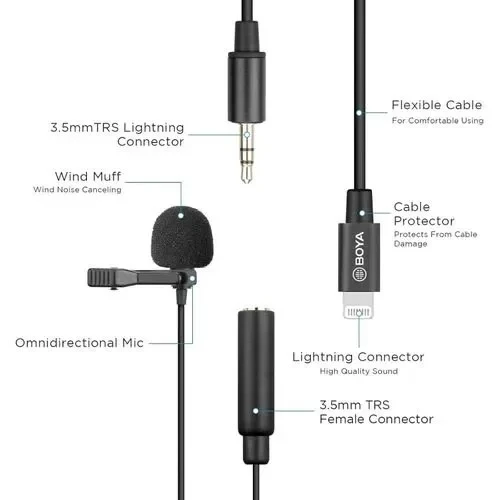 Boya BY M1 Lavalier Stereo Clip Aux Microphone, Aux Wired Mic