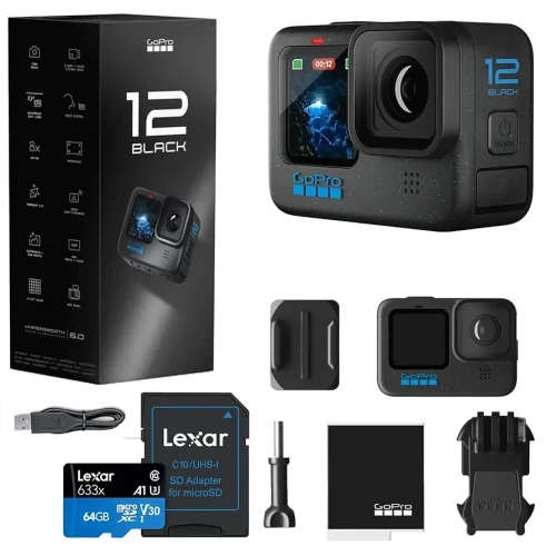 GoPro HERO12 Black - Waterproof Action Camera with 5.3K60 Ultra HD Video, 27MP Photos, HDR, Live Streaming, Webcam, Stabilization + Bundle, 64GB Card and 47 Piece Accessory Kit