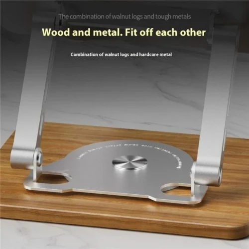 J31 Foldable 360 Degree Rotating Wooden Base Laptop Stand, Metal Wood Combination