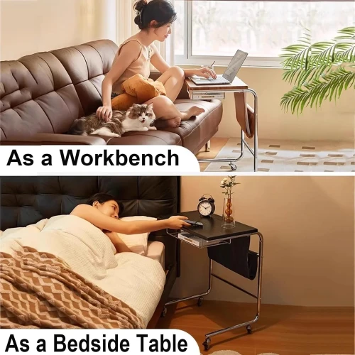 C-Shaped End Table, Sofa Side Table with Rotating Wheels, Rolling End Table with Storage, Small Couch Side Table for Bedroom, Swivel Tray Table for Living Room, Office