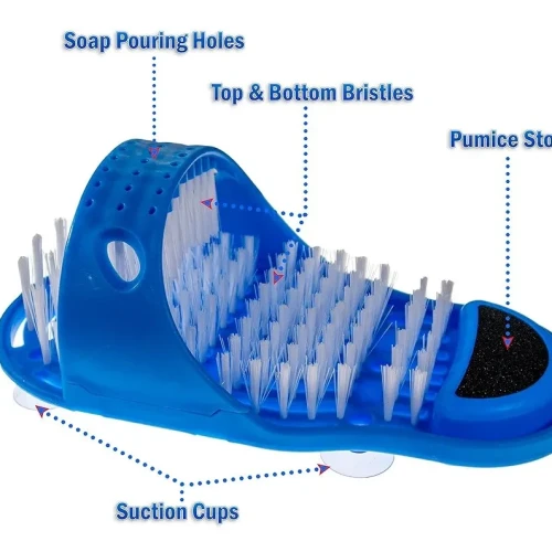 Shower Foot Scrubber Washing Brush Sandal - Bath Feet Cleaner Exfoliating Spa - Non Slip Suction Cup With Pumice Stone (Blue)