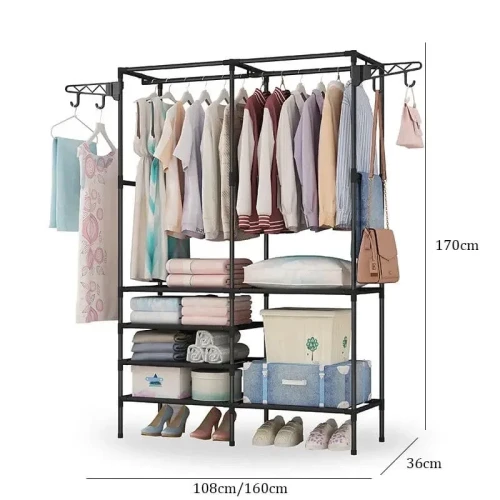 Multifunctional Clothes Hanger Stand, Simple Fashion Clothes Wardrobe, Double Row Clothes Rack, Floor Garment Storage Wardrobe, Metal Black Floor Standing Coat Rack, Hallway Furniture Assembly Hanger Shelf