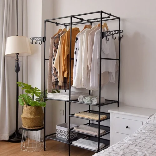 Multifunctional Clothes Hanger Stand, Simple Fashion Clothes Wardrobe, Double Row Clothes Rack, Floor Garment Storage Wardrobe, Metal Black Floor Standing Coat Rack, Hallway Furniture Assembly Hanger Shelf