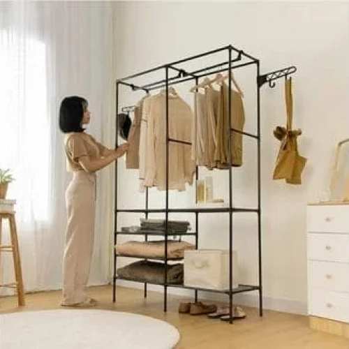 Multifunctional Clothes Hanger Stand, Simple Fashion Clothes Wardrobe, Double Row Clothes Rack, Floor Garment Storage Wardrobe, Metal Black Floor Standing Coat Rack, Hallway Furniture Assembly Hanger Shelf