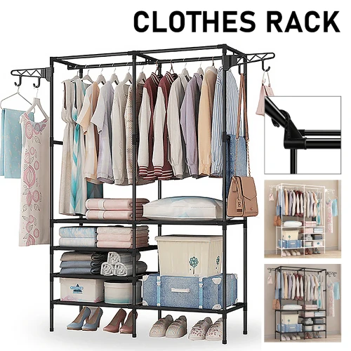 Multifunctional Clothes Hanger Stand, Simple Fashion Clothes Wardrobe, Double Row Clothes Rack, Floor Garment Storage Wardrobe, Metal Black Floor Standing Coat Rack, Hallway Furniture Assembly Hanger Shelf