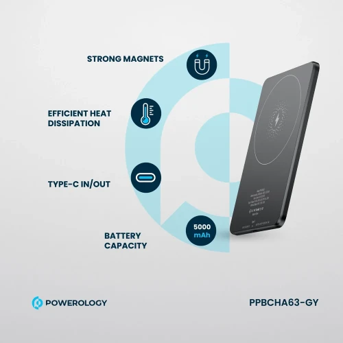 Powerology Ultra-Thin 5000mAh MagSafe Power Bank, Portable & Lightweight, Efficient Heat Dissipation, Aluminum Housing, Built-In Safeguards, Strong Magnet