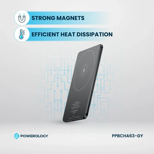 Powerology Ultra-Thin 5000mAh MagSafe Power Bank, Portable & Lightweight, Efficient Heat Dissipation, Aluminum Housing, Built-In Safeguards, Strong Magnet