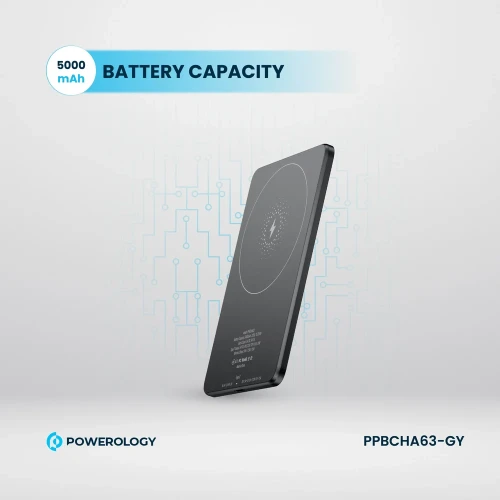 Powerology Ultra-Thin 5000mAh MagSafe Power Bank, Portable & Lightweight, Efficient Heat Dissipation, Aluminum Housing, Built-In Safeguards, Strong Magnet